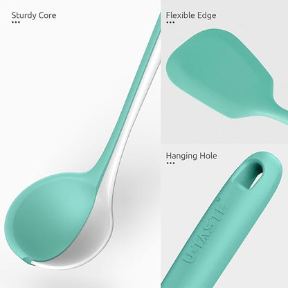 600ºF Heat Resistant Kitchen Utensil: U-Taste 13.6" Extra Long Silicone Cooking Tools Set, Food-Grade Non-Stick Solid and Slotted Turner Spatula, Mixing Spoon, and Soup Ladle (5 Pieces, Aqua Sky) - Image 6