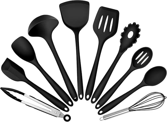 Silicone Cooking Utensils Set of 10, Leonyo Black Kitchen Utensils Set for Cooking, 446°F Heat Resistant Silicone Kitchen Tools with Turner Spatula, Soup Ladle, Serving Spoons for Nonstick Cookware