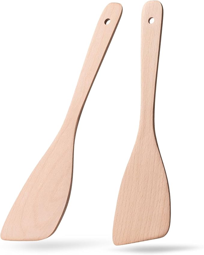 2PCS Wooden Spatulas for Cooking,12.8inch Uncoated Beech Wood Turners for Frying,Non-Scratch Wood Bevel Spurtle for Pan & Wok,Wooden Cooking Utensils for Non Stick Cookware,Long Handle Scraper by HEFILD