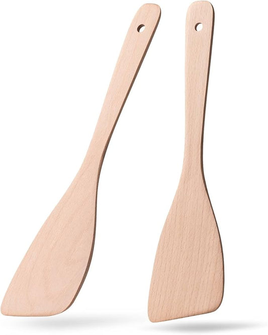 2PCS Wooden Spatulas for Cooking,12.8inch Uncoated Beech Wood Turners for Frying,Non-Scratch Wood Bevel Spurtle for Pan & Wok,Wooden Cooking Utensils for Non Stick Cookware,Long Handle Scraper by HEFILD