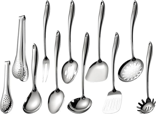 304 Stainless Steel Cooking Utensils Set, 11 PCS Long Large Metal Cooking Utensil Tools Set, Mirror Polished Kitchen Gadget Cookware and Kitchen Tool Set, Dishwasher Safe