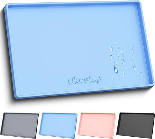 ukeetap Extra Thick Silicone Mat Waterproof with Raised Edge 19” x 12”, BPA Free Non-Slip Dog & Cat Food Mat, Feeding Mat for Food and Water Bowls, Spill Proof Mat to Protect Floors, Blue