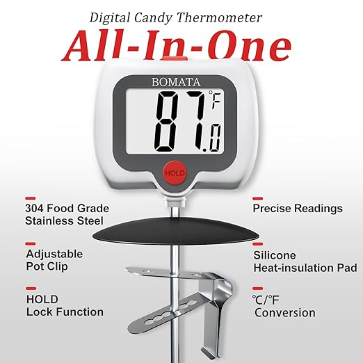 BOMATA Digital Candy Thermometer with Pot Clip, Deep Fry Oil Thermometer with Rotatable Display & Long Probe, for Candy Candle Making, Cooking, Food, Liquids, Water, Sugar.. White