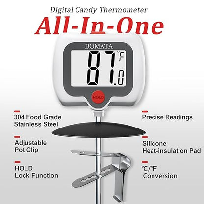 BOMATA Digital Candy Thermometer with Pot Clip, Deep Fry Oil Thermometer with Rotatable Display & Long Probe, for Candy Candle Making, Cooking, Food, Liquids, Water, Sugar.. White