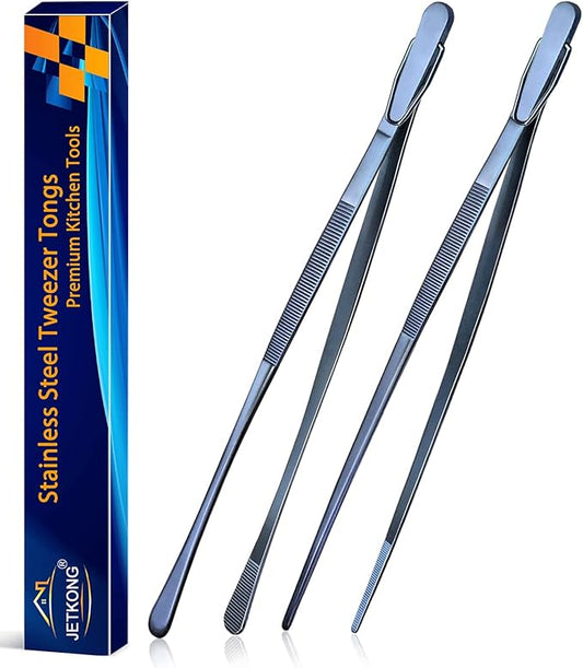 JETKONG 2 Pcs 12-Inch Cooking Tweezer Tongs Stainless Steel Kitchen Tweezers Plating Tongs (Navy Blue) by JETKONG