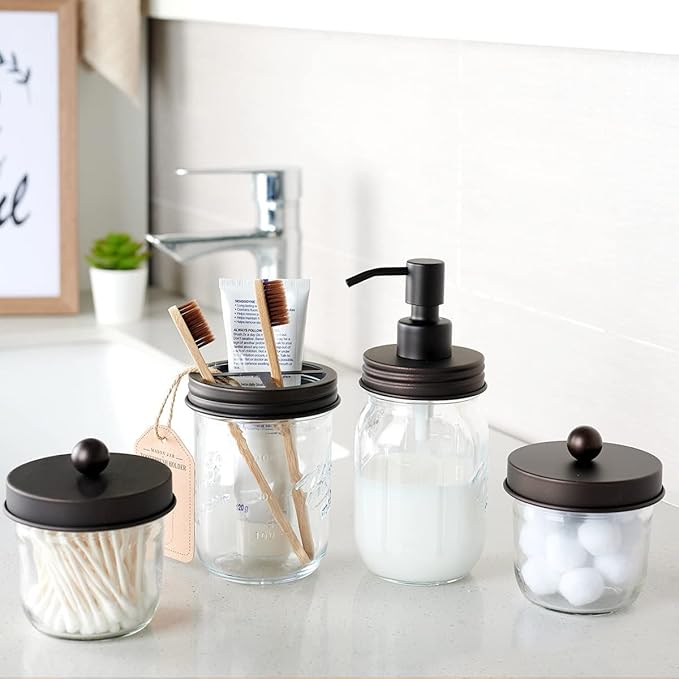 Amolliar 4 Pack Mason Jar Liquid Soap Dispenser, Rustproof Stainless Steel Lid Pump, Refillable Hand Soap for Bathroom, Kitchen, Cute Farmhouse Decor for Dish Soap, Liquid Soap, Lotions(Bronze) - Image 2