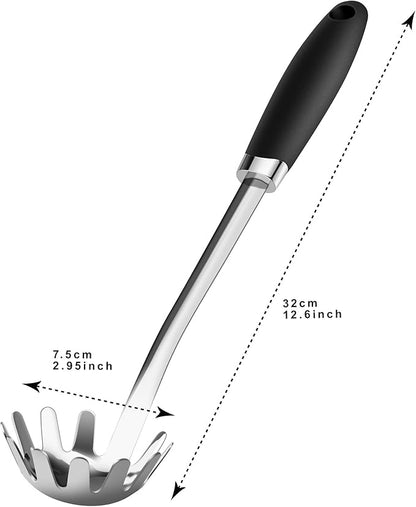 Stainless Steel Spaghetti Spoon, 12.6 Inch Pasta Server with Toothed Head and Comfortable Grip, Metal Pasta Fork for Serving Spaghetti, Linguine, Noodles, Ravioli and More