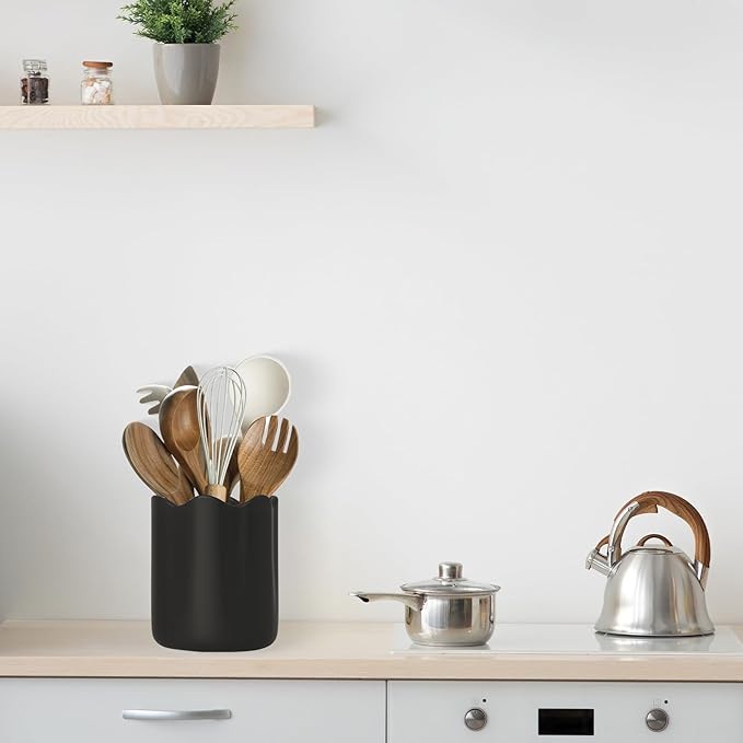 Ceramic Utensil Holder for Kitchen Counter, 6.2" Kitchen Utensil Holder with Cork Bottom for Countertop, Modern Scalloped Cooking Tool Organizer for Spatula, Matte Black - Image 3