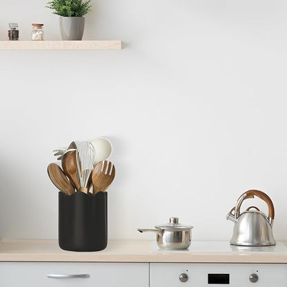Ceramic Utensil Holder for Kitchen Counter, 6.2" Kitchen Utensil Holder with Cork Bottom for Countertop, Modern Scalloped Cooking Tool Organizer for Spatula, Matte Black - Image 3