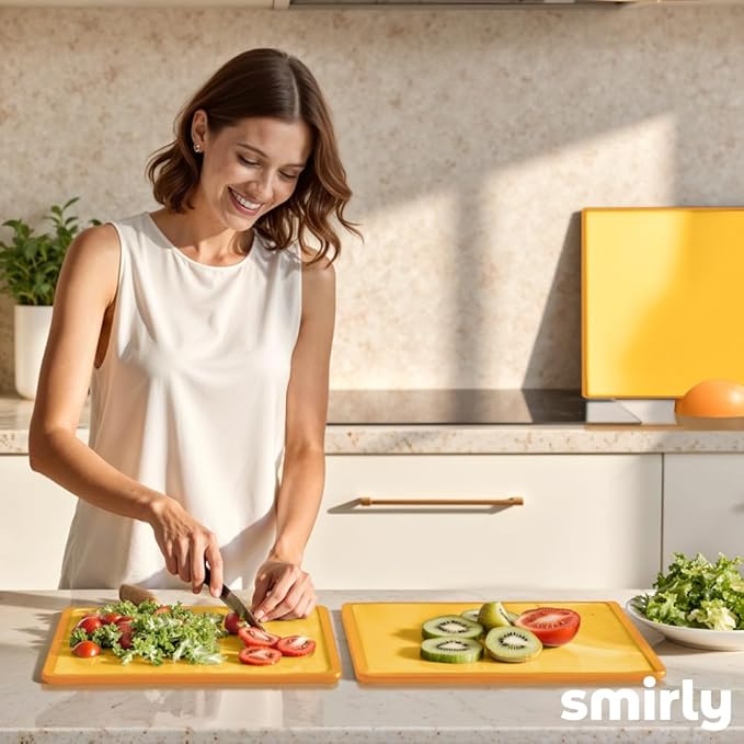 SMIRLY Plastic Cutting Board Set with Holder 3 Pieces, Non-Slip Dishwasher Safe Chopping Boards for Kitchen, Yellow - Image 9