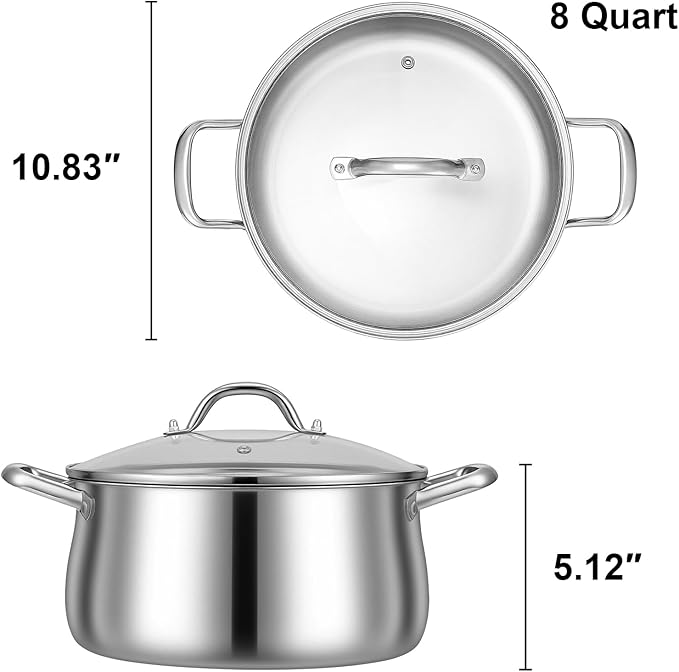 Tifanso Stainless Steel Stock Pot - 8 Quart 3Ply Heavy Duty Large Induction Cooking Pot with Lid for Pasta, Soup, Spaghetti, Nonstick Deep Stockpot, Kitchen Cookware for Stew, Simmer, Canning, Boiling - Image 2