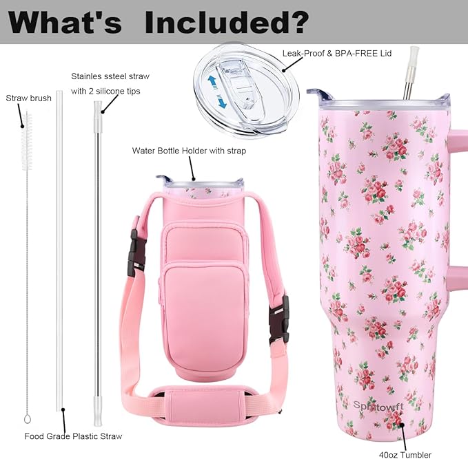 40oz Stainless Steel Double Vacuum Tumbler with Handle, Straw Lid, Carrier Bag, Purse Pouch Phone Pocket, Gym Water Bottle Travel Mug and Sleeve Holder for Men Women (Pink Rose)