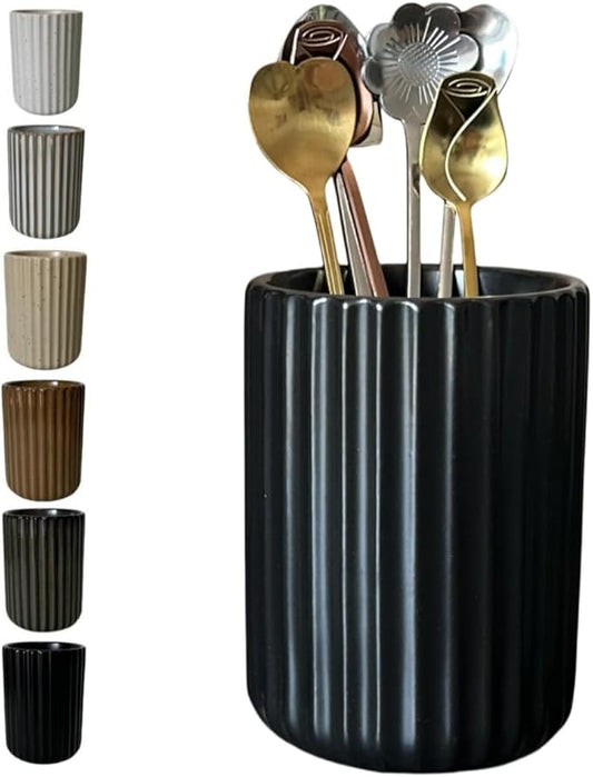 TOPYOKK Stoneware Coffee Bar Utensil Holder Tea & Coffee Spoon & Stirrer Holder for Stir Stick Straw Teaspoon Holder Spoon Cup Small Utensil Jar Fluted Vertical Stripe (Matte Black) by TOPYOKK