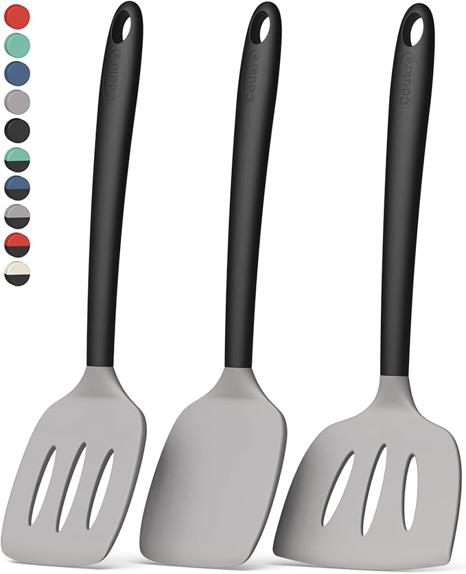 Coukre 3 Pack Silicone Spatula Set, High Heat Resistant, BPA-Free, Fish Spatula, Solid & Slotted Turner for Non-Stick Pans, Flipping Eggs, Pancakes, Fish, Burgers (3, GrayBlack) by Coukre