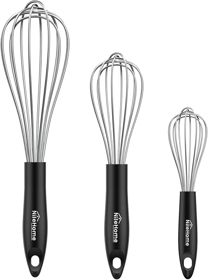 NileHome Silicone Whisk Set 8" 10" 12", 3 Pack Kitchen Whisk Kitchen Wisk Wire Whisks for Cooking, Whisking, Blending, Beating, Stirring-Black Silver by NileHome