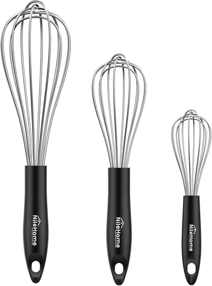 NileHome Silicone Whisk Set 8" 10" 12", 3 Pack Kitchen Whisk Kitchen Wisk Wire Whisks for Cooking, Whisking, Blending, Beating, Stirring-Black Silver by NileHome