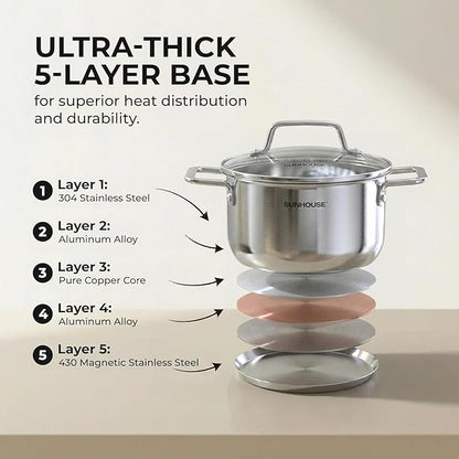 SUNHOUSE 18/8 Stainless Steel Stock Pot - 6.5 Quart Heavy-Duty Induction Cooking Pot with Visible Lid for Pasta, Soup, Spaghetti - Nonstick Thick-Bottom Deep Stockpot - Image 4