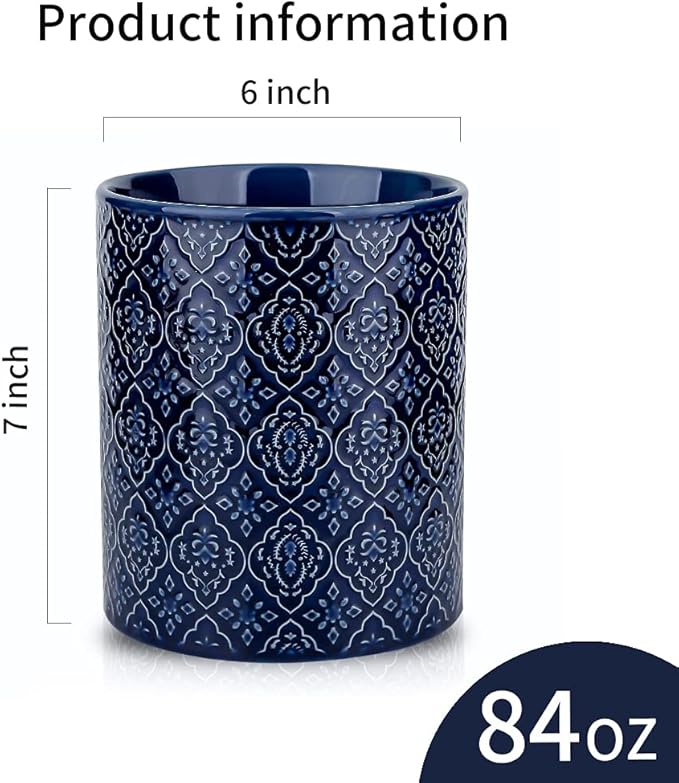 KOOV Kitchen Utensil Holder, Large Utensil Holders for Countertop, 6 x 7 Inches Ceramic Utensil Crock, Deep and Stable, Cooking Utensil Holder, Embossed Pattern (BLue) - Image 3