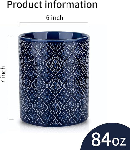 KOOV Kitchen Utensil Holder, Large Utensil Holders for Countertop, 6 x 7 Inches Ceramic Utensil Crock, Deep and Stable, Cooking Utensil Holder, Embossed Pattern (BLue) - Image 3