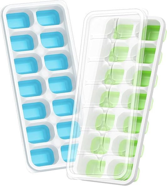 ChefAide Ice Cube Tray with Lid, 2 Packs 28 Cubes Durable Stackable Ice Cube Trays for Freezer with Removable Lids, Easy-Release Plastic & Silicone Ice Tray for Cocktail, Coffee by ChefAide