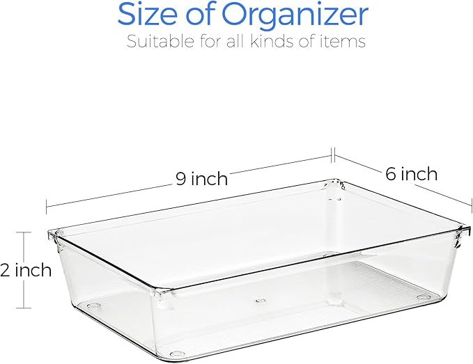 Ravinte 6 Pack Drawer Organizer - 6" X 9" Plastic Storage Bins, Acrylic Organizers with Non-Slip Pads Clear Desk Storage Tray for Makeup, Jewelries, Kitchen Utensils, Bathroom and Office - Image 3