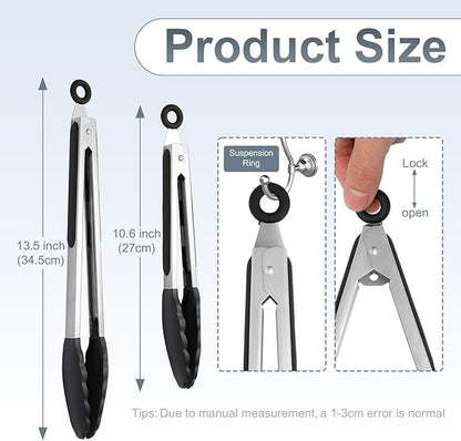 2 Pack Black Premium Stainless Steel Heat Resistant Kitchen Tongs for cooking,set of 9" and 12",Non Scratch Silicone cooking Tong Tip for Cooking Pans,Strong Grip BBQ tongs for Grabbing Hot Food - Image 2