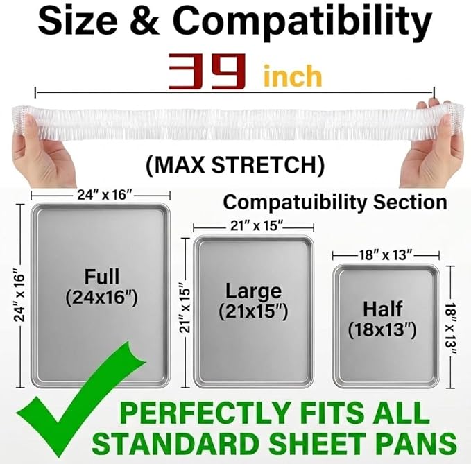 30Pcs Sheet Pan Covers for 24x16, 21x15, 18x13 inch - Extra Large Elastic Food Covers Stretches to 39", 12 Microns Thick Oversized Bowl Covers for Foil Pans & Dough Proofing- BV Certified BPA-Free