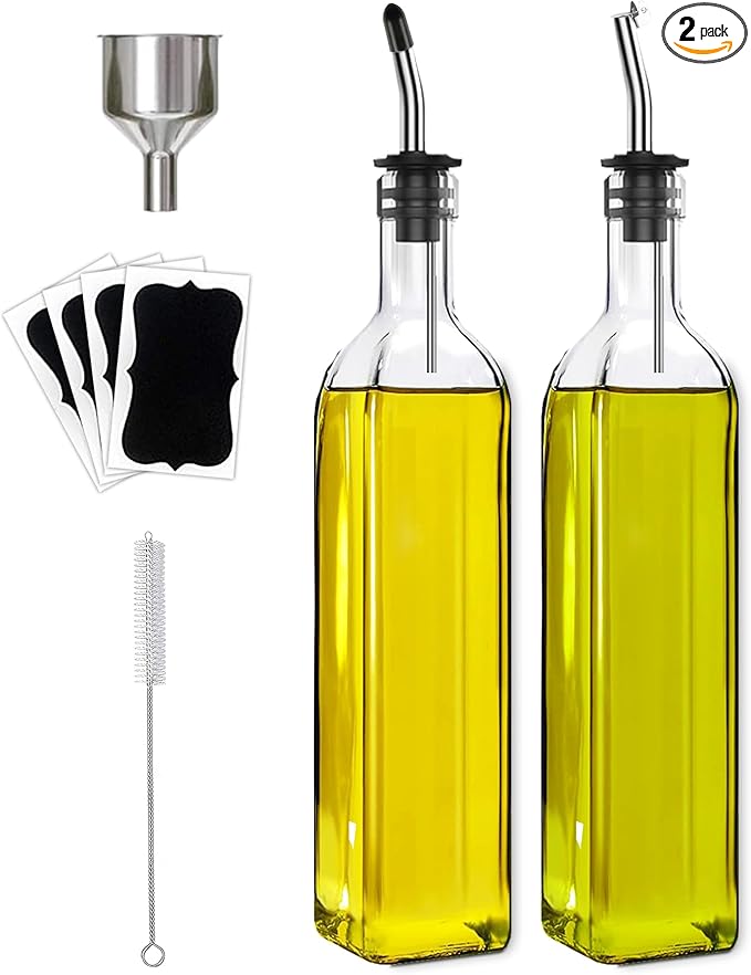 Leaflai Olive Oil Dispenser Bottle, 2 Pcs Glass Olive Oil Dispenser and Vinegar Dispenser Set with 2 Stainless Steel Pourers, 4 Labels,1 Brush and 1 Funnel Oil Bottles for Kitchen (500ml) by Leaflai