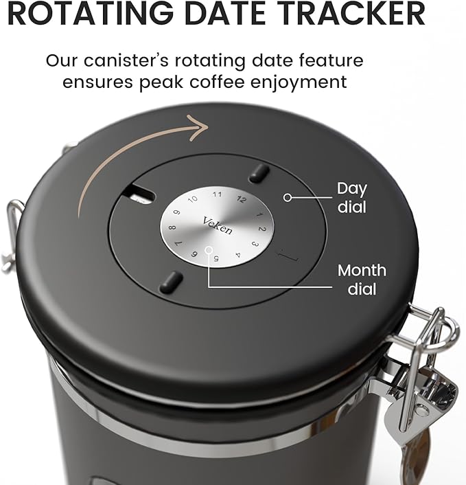 Veken Large Coffee Canister with Window, Kitchen Food Storage Airtight Stainless Steel Container for 2.2lbs Coffee Beans, Grounds, Rice,Tea, Flour, Cereal, Sugar Jars,Date Tracker and Scoop 39oz,Black - Image 5