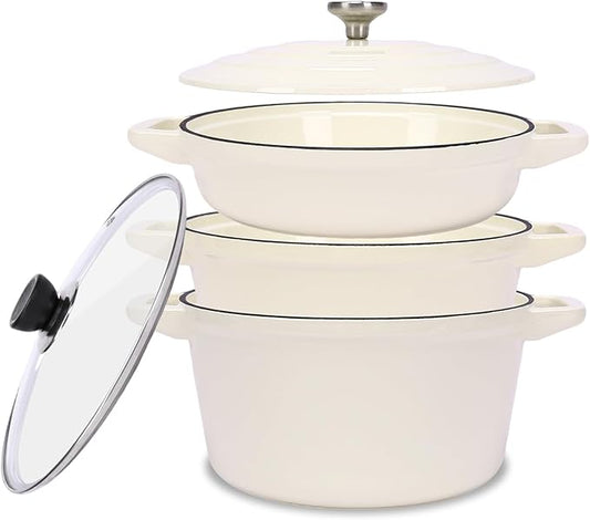 QuliMetal Enameled Cast Iron Set 5-Pc, 10" Stackable Space-Saving Cookware Set, Dutch Oven, Skillet, Grill Pan, with 2 Universal Lid, Versatile Enamel Dutch Oven, Included Spacers, White