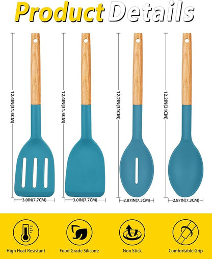 Pack of 4 Silicone Cooking Utensils Set, Non Stick Solid Spatulas and Heat Resistant Slotted Spoons with Wooden Handle, Ideal Wood Kitchen Utensils Set for Frying,Serving,Turning,Stirring (BLUE) - Image 3