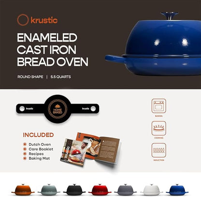 Krustic Enameled Cast Iron Dutch Oven for Sourdough Bread Baking | 6 Quart Pot with Lid | 10 Inch Ceramic Enamel Thick Coated Cookware Set with Non Stick Silicone Baking Mat for Cooking