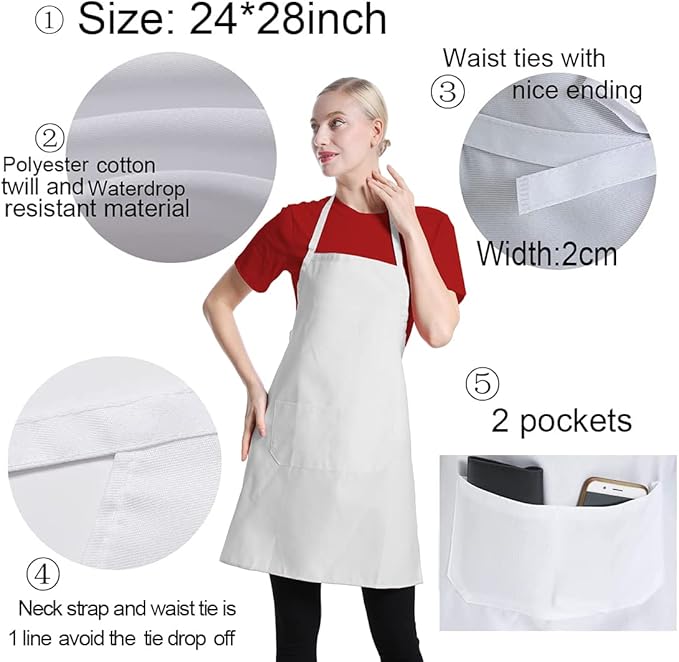 12 Pcs Bib Bulk White Aprons for Women Men Adult Girls Unisex with 2 Pockets, Baking Cooking Kitchen Painting Apron (White,12 pcs) - Image 5