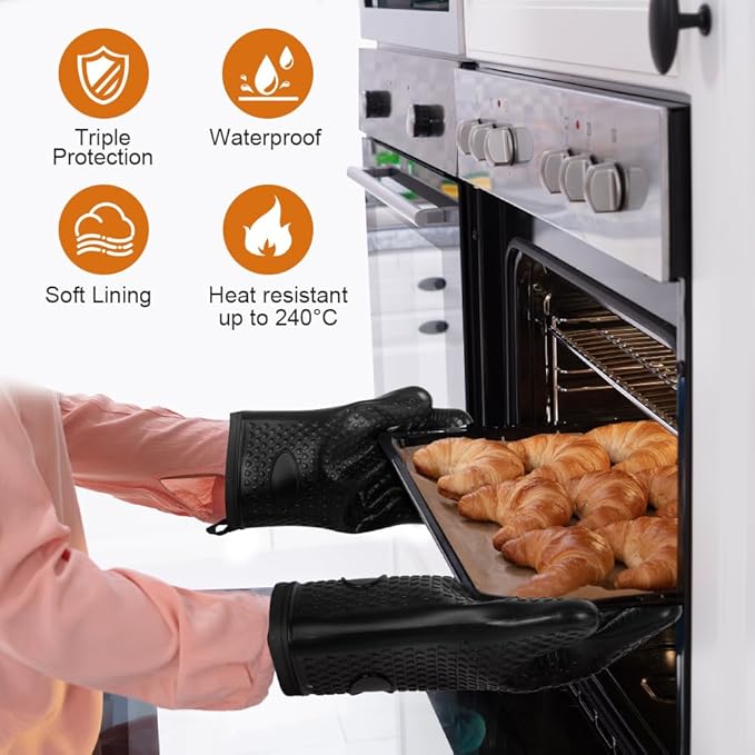 AUAUY Oven Mitts with 2 Pot Holders, Silicone Oven Gloves Heat Resistant 464°F, BBQ Gloves with Fingers, Non-Slip Oven Gloves, Cooking Gloves for Grilling Kitchen Baking Oven Microwave, Black - Image 4
