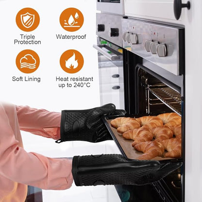 AUAUY Oven Mitts with 2 Pot Holders, Silicone Oven Gloves Heat Resistant 464°F, BBQ Gloves with Fingers, Non-Slip Oven Gloves, Cooking Gloves for Grilling Kitchen Baking Oven Microwave, Black - Image 4