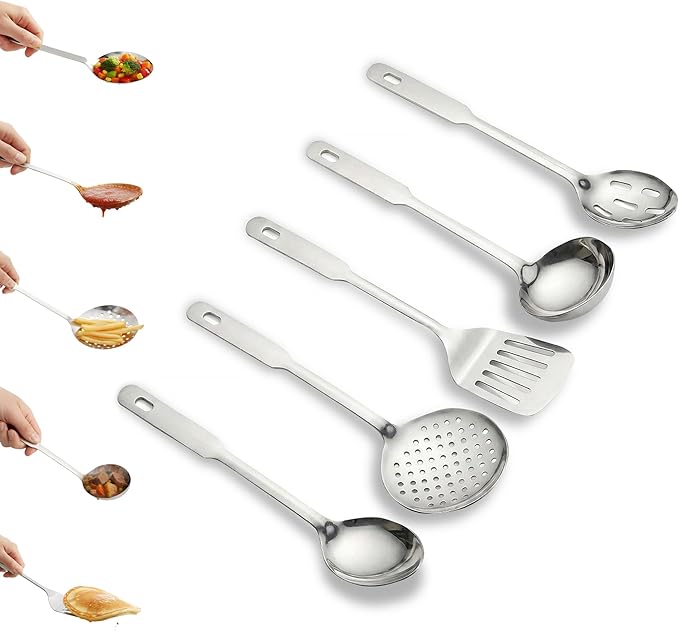 Amco 5 Piece Stainless Steel Cooking Utensil Set - Durable Kitchen Gadgets - Metal Kitchen Accessories - Easy to Clean Kitchen Tools by amco