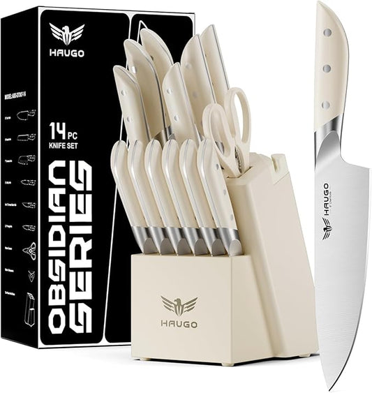 Kitchen Knife Set with Block: 14-Piece German Stainless Steel Full Tang Professional Knife - Comfortable Grip Reduces Hand Fatigue 30% - Dishwasher Safe & Sharpener - White Knife Set for Cooking