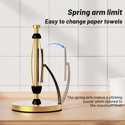 VEHHE Gold Paper Towel Holder Countertop, One-Handed Tear, Stainless Steel, Stand Paper Towel Holder with Spring Activated Arm & Non Slip Weighted Base, for Kitchen Bathroom - Image 4