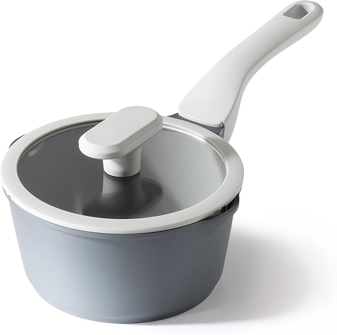 PRICUSIS Ceramic Nonstick Saucepan with Lid, 1.3 Quart Non Toxic Pot with Pour Spouts, Full Coated, 100% Dishwasher Safe, Induction Compatible & Oven Safe, PTFE PFAS & PFOA Free, Grey by PRICUSIS