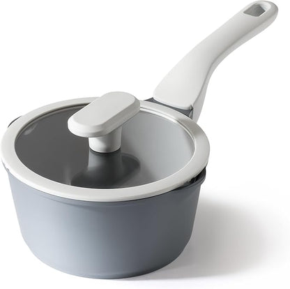 PRICUSIS Ceramic Nonstick Saucepan with Lid, 1.3 Quart Non Toxic Pot with Pour Spouts, Full Coated, 100% Dishwasher Safe, Induction Compatible & Oven Safe, PTFE PFAS & PFOA Free, Grey by PRICUSIS