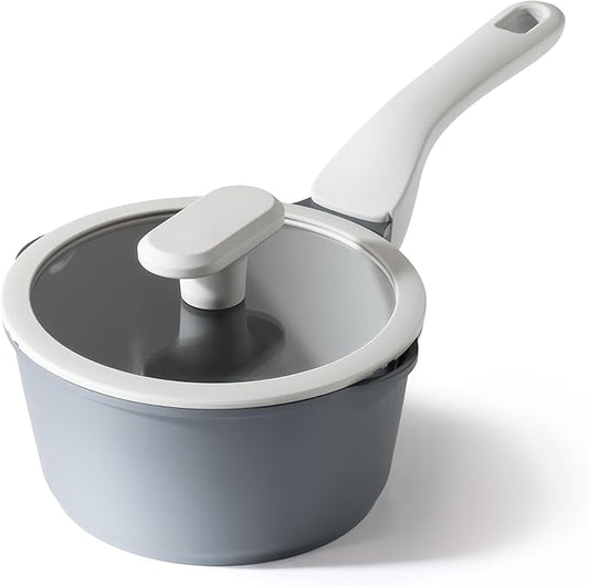 PRICUSIS Ceramic Nonstick Saucepan with Lid, 1.3 Quart Non Toxic Pot with Pour Spouts, Full Coated, 100% Dishwasher Safe, Induction Compatible & Oven Safe, PTFE PFAS & PFOA Free, Grey by PRICUSIS