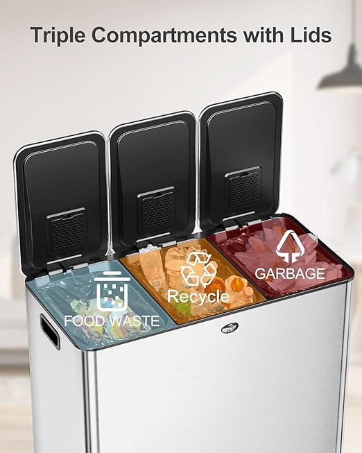 Garvee Trash Can, 24 gal Triple Compartments (3X30 L) Stainless Steel Kitchen Trash Can for Recycling, 8+8+8 gal Plastic Inner Buckets, Quiet Close, Brushed, Airtight, Silver - Image 3