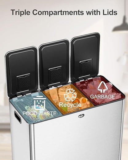 Garvee Trash Can, 15.9 gal Triple Compartments (3X20 L) Stainless Steel Kitchen Trash Can for Recycling, 5+5+5 gal Plastic Inner Buckets, Quiet Close, Brushed, Airtight, Silver - Image 2