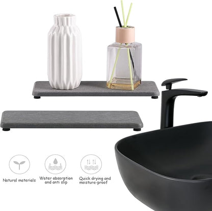 NiuYichee 2 Pcs Water Absorbing Stone Trays, Kitchen/Bathroom Sink Soap Dish, Diatomite Tray Used for Hand Soap & Cosmetic Bottles in The Modern Home, 3.15" W x 8.7" L, Gray