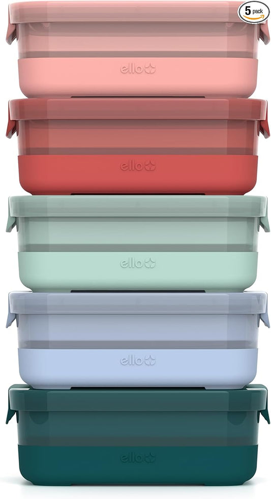 Ello Plastic 3.7 Cup Meal Prep Set 10 Pc, 5 Pack Set - BPA Free Plastic Food Storage Container with Silicone Boot and Airtight Lids, Dishwasher, Microwave, and Freezer Safe, Melon