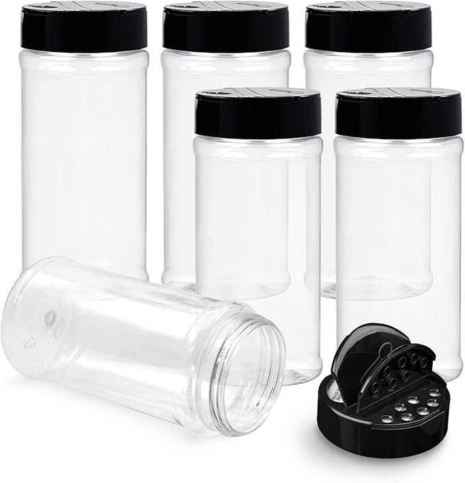 RoyalHouse 6 Pack 16 Oz Plastic Spice Jars with Black Cap, Clear and Safe Plastic Bottle Containers with Shaker Lids for Storing Spice, Herbs and Seasoning Powders, BPA Free, Made in USA by RoyalHouse