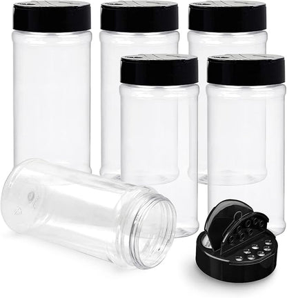 RoyalHouse 6 Pack 16 Oz Plastic Spice Jars with Black Cap, Clear and Safe Plastic Bottle Containers with Shaker Lids for Storing Spice, Herbs and Seasoning Powders, BPA Free, Made in USA by RoyalHouse