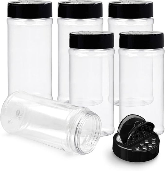 RoyalHouse 6 Pack 16 Oz Plastic Spice Jars with Black Cap, Clear and Safe Plastic Bottle Containers with Shaker Lids for Storing Spice, Herbs and Seasoning Powders, BPA Free, Made in USA by RoyalHouse