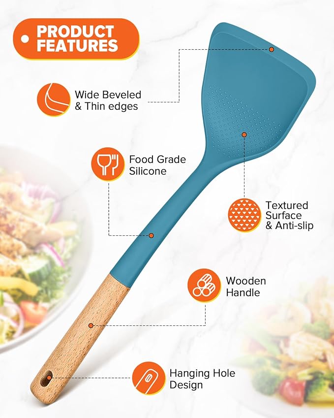 Silicone Cooking Utensils Set, Perfectly Angled for Frying, Mixing,Serving,Draining,Turning and Stirring, BPA-Free Matte Silicone, Wood Handles, Safe for Nonstick Cooking Surfaces,4 Pack (Blue) - Image 4