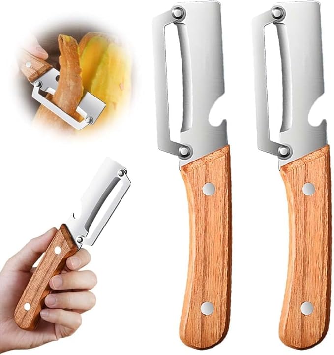 2pcs Stainless Steel Vegetable Peeler with Wooden Handle, Sharp Fruit Peeler for Kitchen, Multifunctional Potato Peeler with Can Opener, Ergonomic Non-Slip Grip for Home Cooking, Restaurant, Camping by Unknown